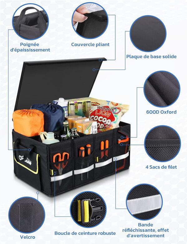 Oasser Rangement Coffre de Voiture Organisateur 55L en 600D Support 30KG Etanche Multi-compartiments avec Couvercle Pliable et Bande Réfléchissante pour SUV Camion